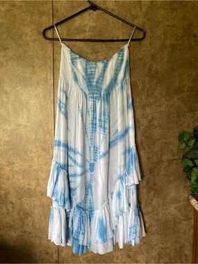 Angie Strapless Dress Tiered Tube Top Smocked Blue Tie Dye Layered Flowy Small